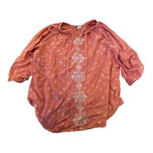 Sonoma Womens Rust Boho Embroidered Tunic Top L 3/4 Sleeves Peasant Coral